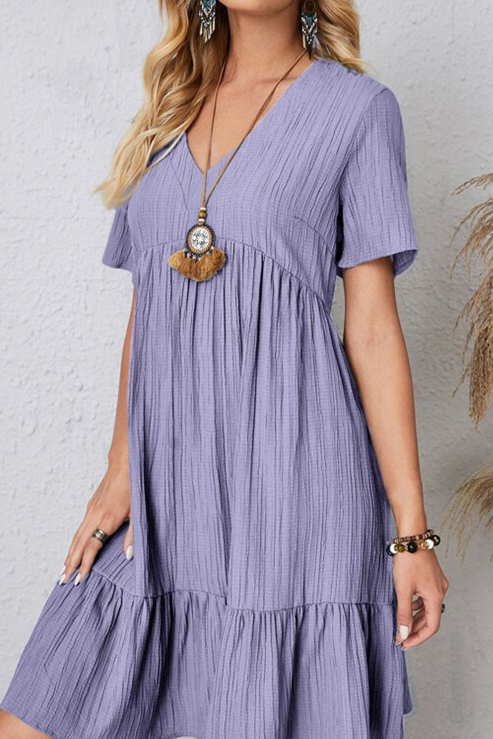 Full Size Ruched V-Neck Short Sleeve Dress Trendsi