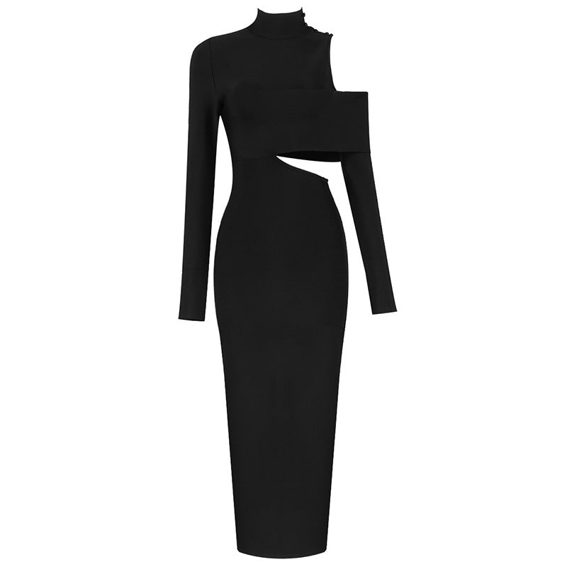 Women's Clothing Long Sleeve Turtleneck Off-the-shoulder Long Dress aclosy