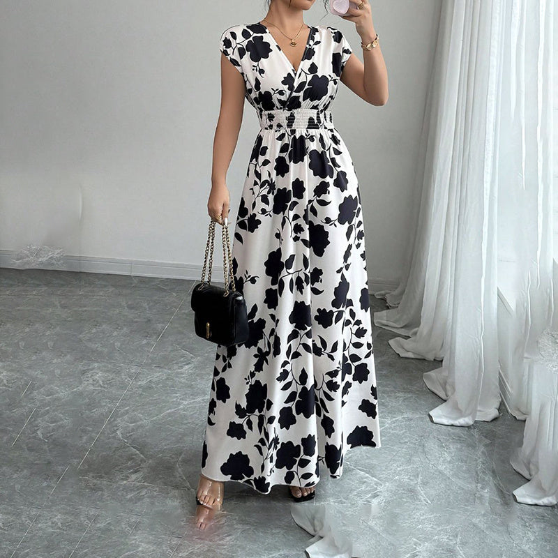 Women's Wrap V Neck Short Sleeve Empire Elastic Waist Summer Casual Elegant Maxi Long Dresses Aclosy