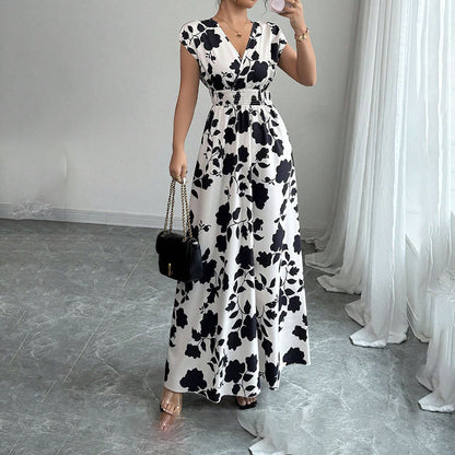 Women's Wrap V Neck Short Sleeve Empire Elastic Waist Summer Casual Elegant Maxi Long Dresses Aclosy