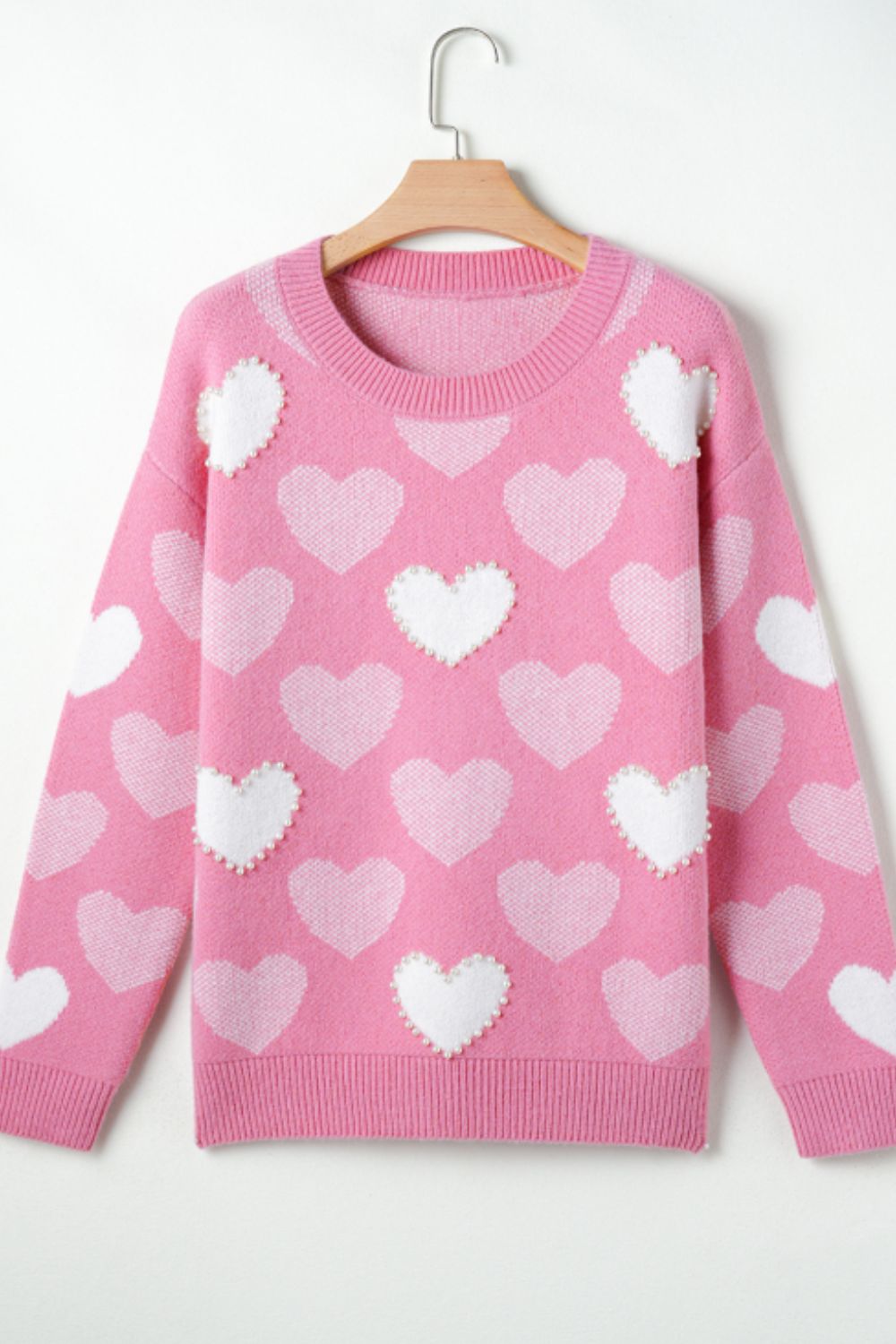 Pearl Trim Heart Round Neck Long Sleeve Sweater Trendsi