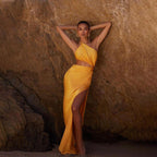 Women's Slant Shoulder Hollow Pleated High Slit Long Dress aclosy