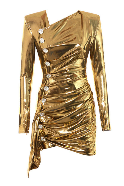 Bright gold diagonal collar long sleeve dress aclosy