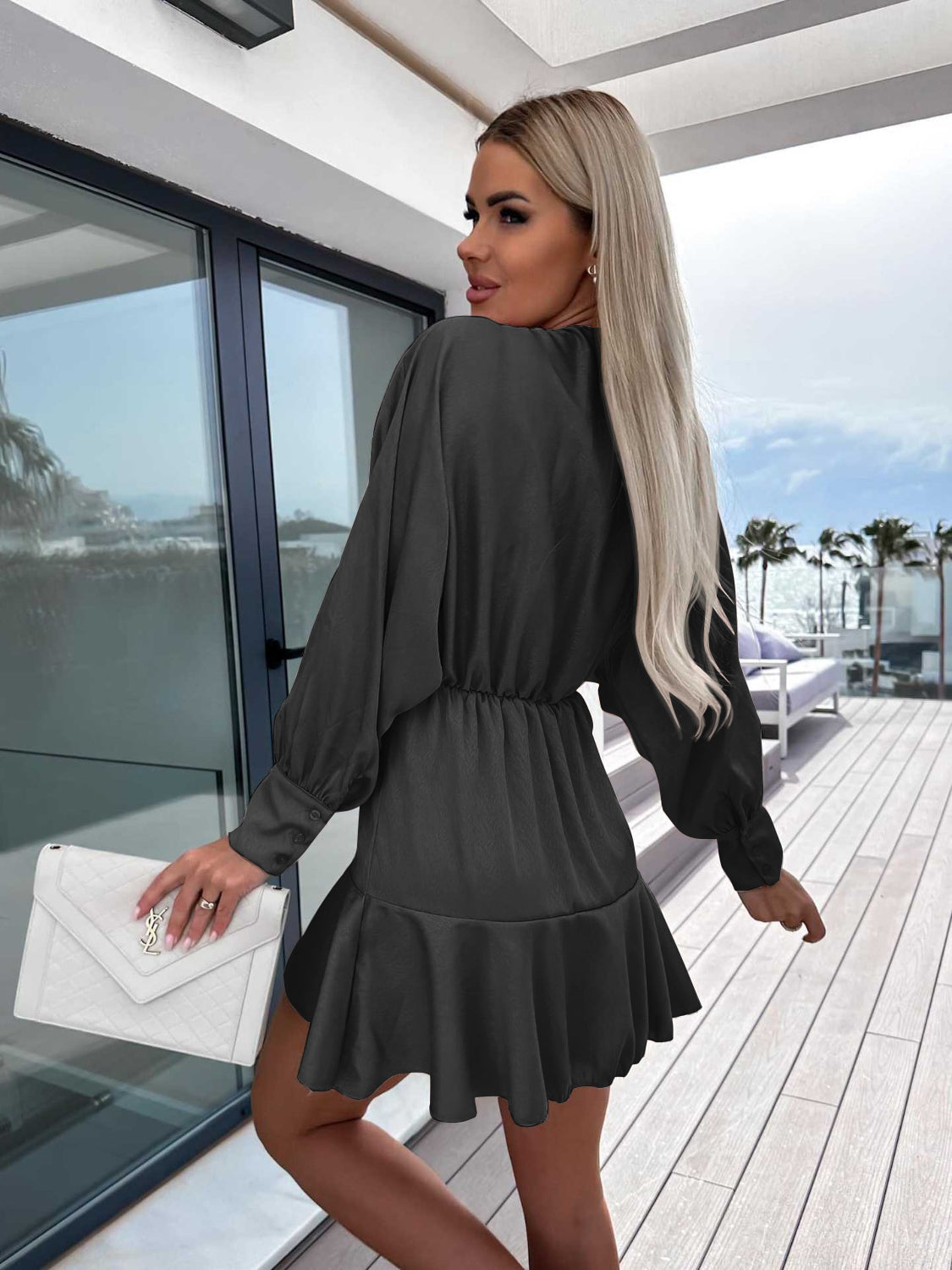 Surplice Ruffle Hem Lantern Sleeve Mini Dress Trendsi