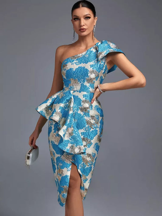 Sexy Elegant Jacquard One Shoulder Short-length Dress High-end Dress Aclosy