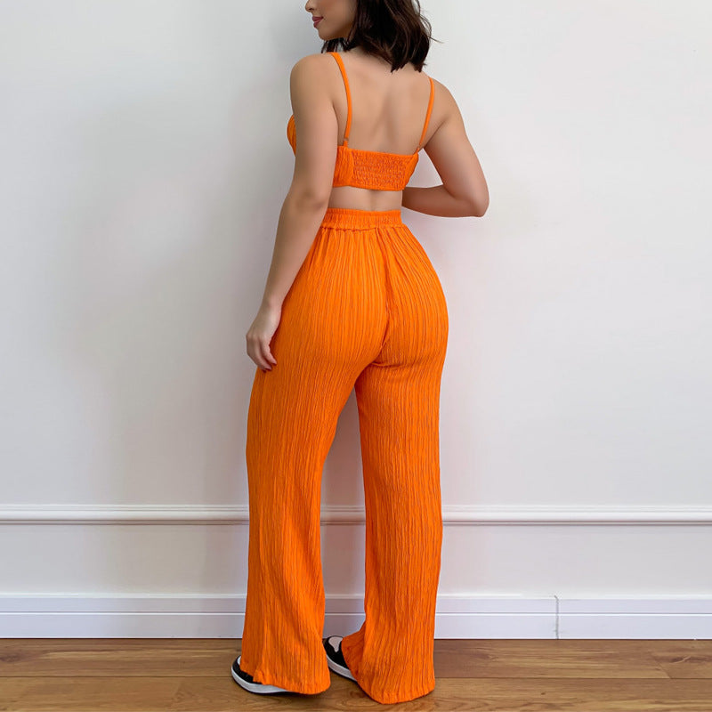Summer Suit Solid Color Sleeveless Suspender Pleated Fabric Trousers Two-piece Set aclosy