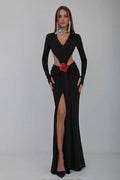 Sexy V-neck Backless Long Sleeves Skirt Waist Decorative Flower Split Fishtail Gown Dress Long aclosy