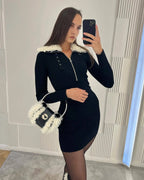 Slassa Fur Collar Zipper Black Dress