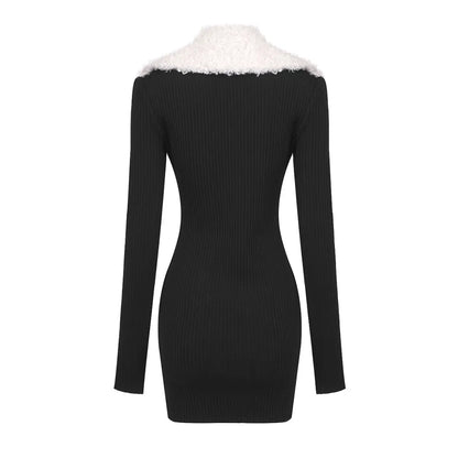 Slassa Fur Collar Zipper Black Dress