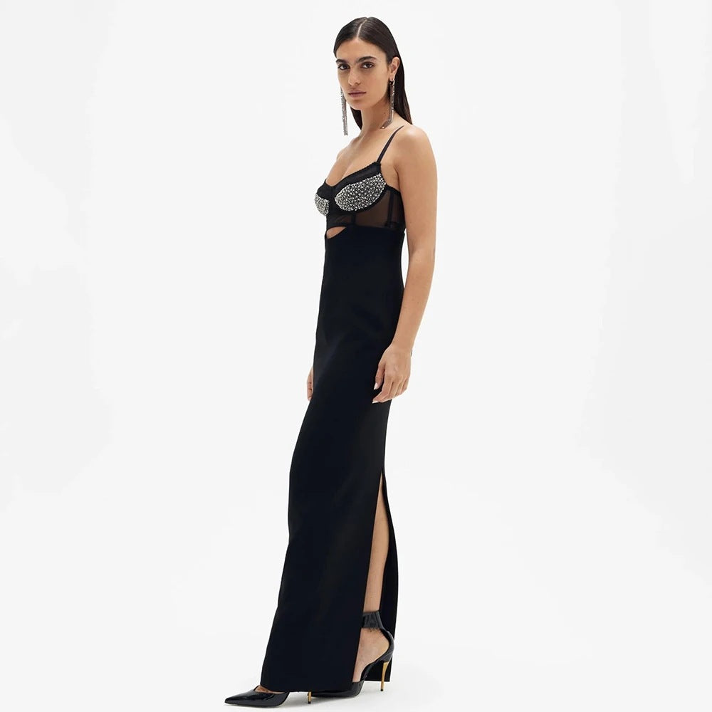 Long Non-back Hollow Diamond Knitted Sling Dress Aclosy