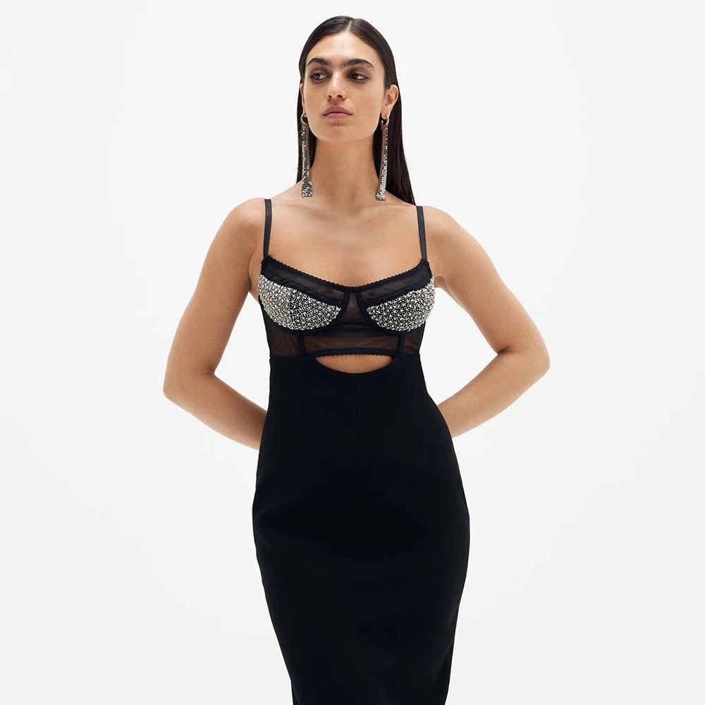 Long Non-back Hollow Diamond Knitted Sling Dress Aclosy