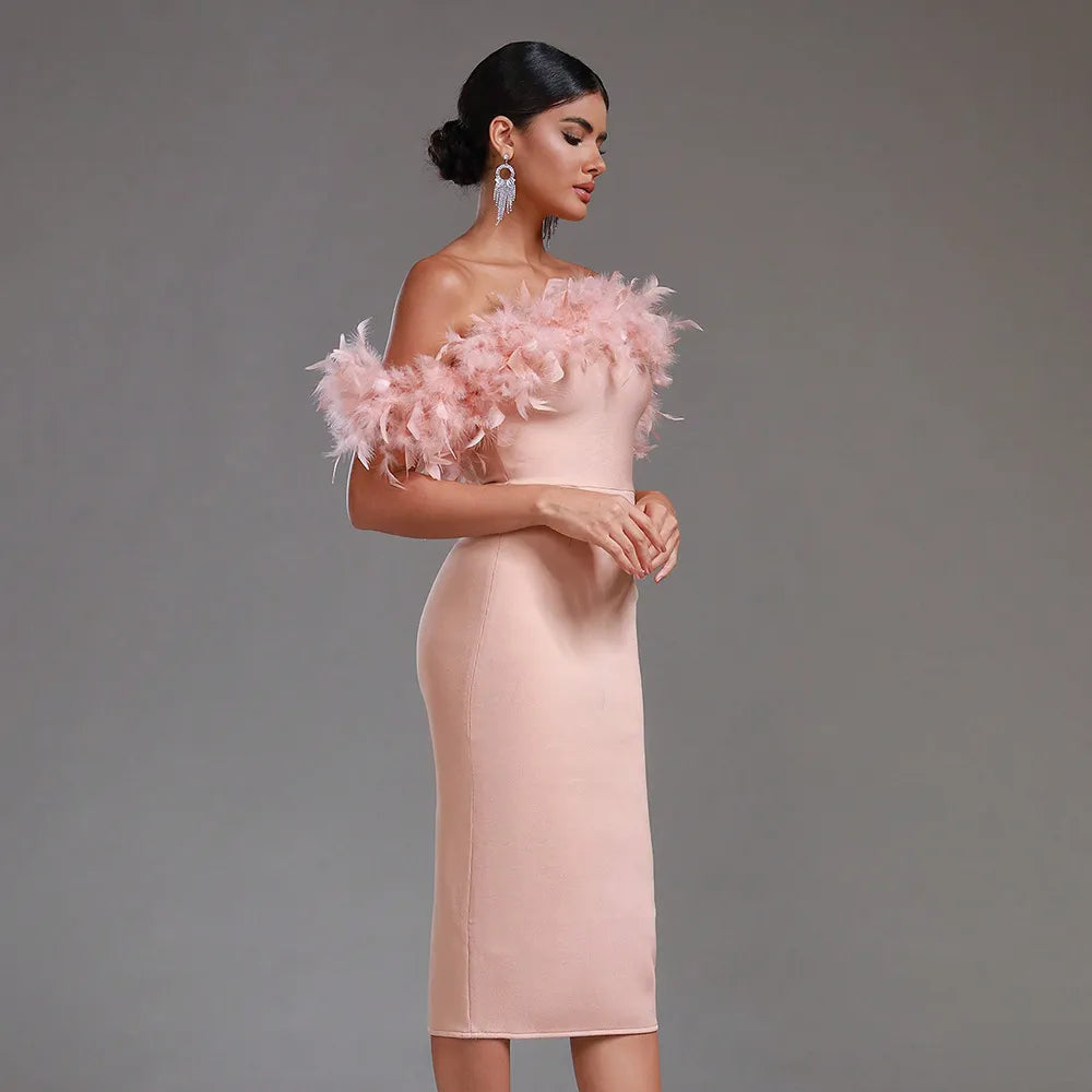 Off-neck Feather Women's Dress Aclosy