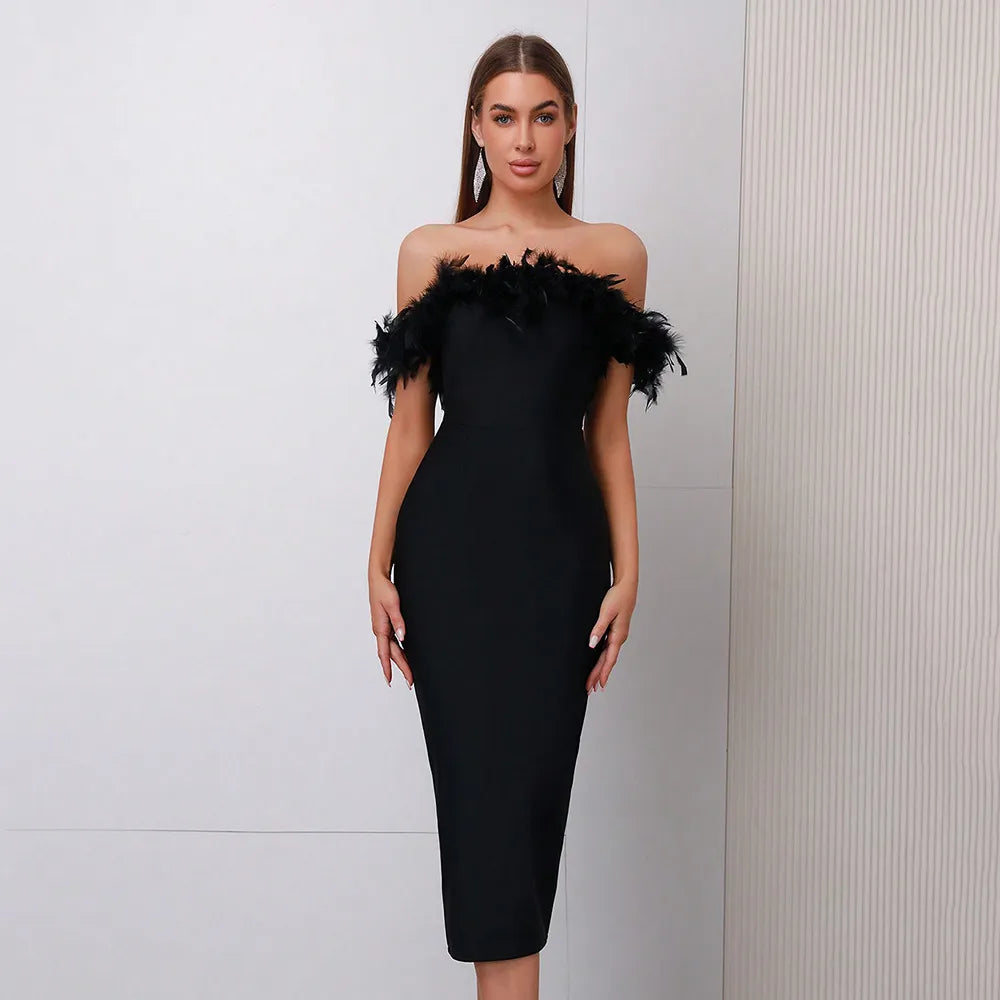 Off-neck Feather Women's Dress Aclosy