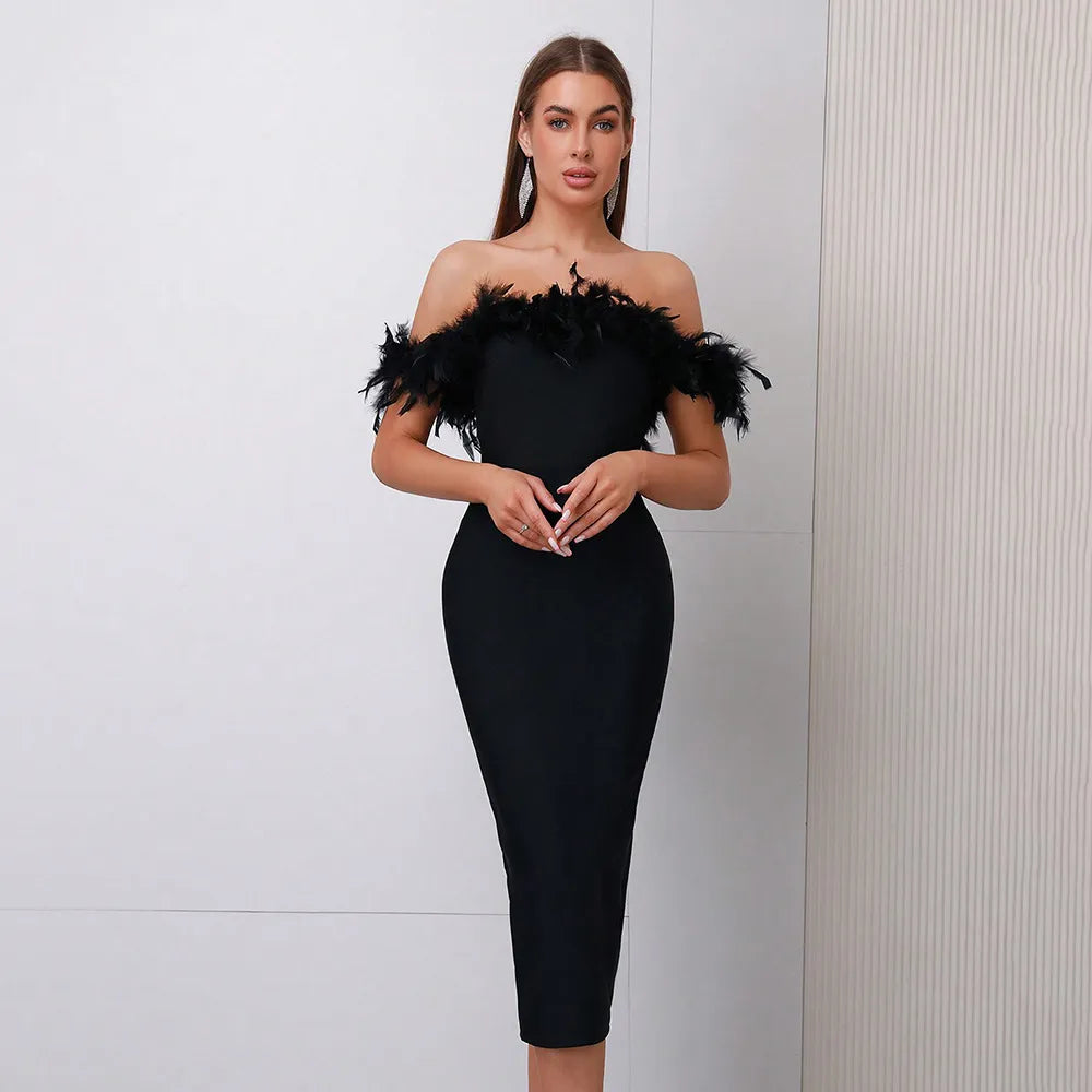 black off the shoulder feather dress LAPOINTE Mesh Off The Shoulder Gown With Feathers main image 0