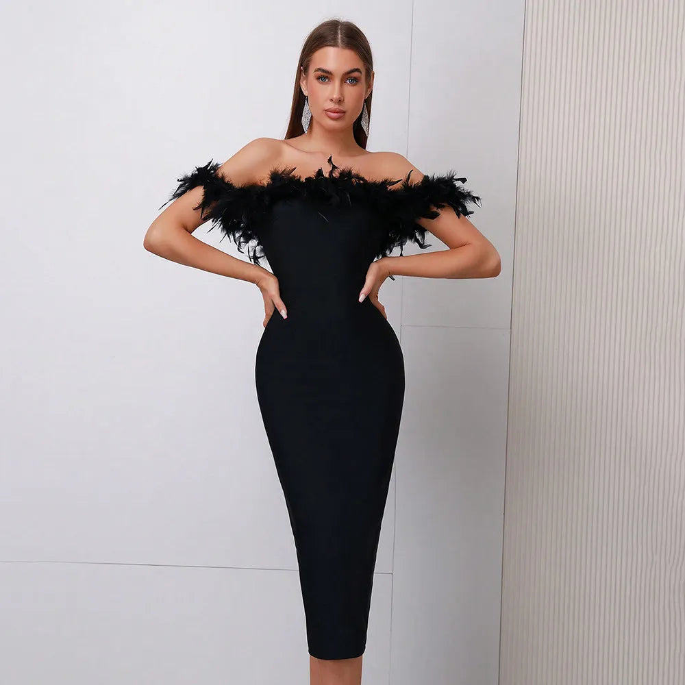 Off-neck Feather Women's Dress Aclosy