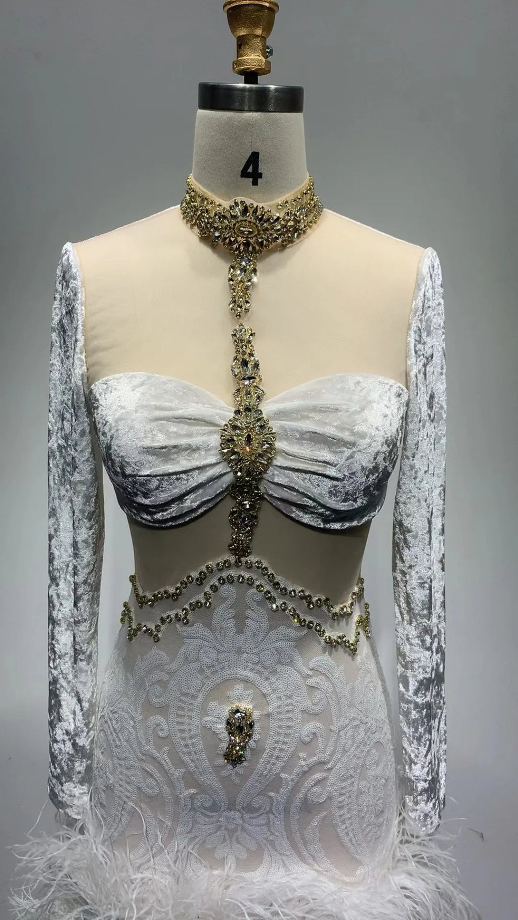 Long Sleeve Feather Diamond Tight Dress Aclosy