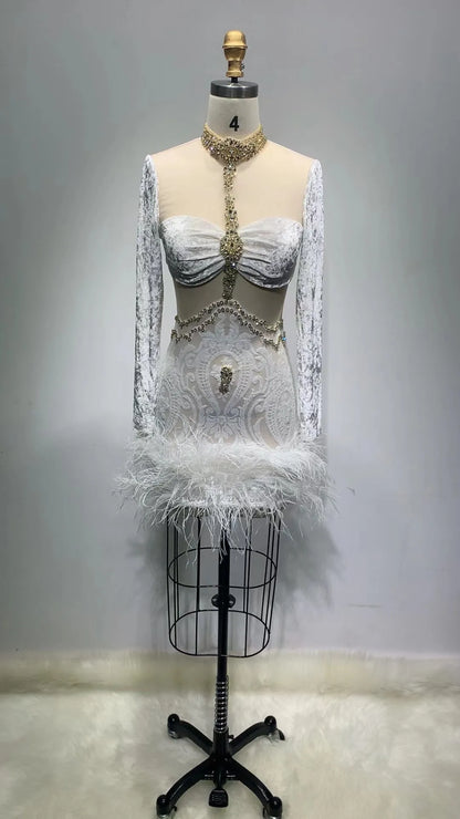Long Sleeve Feather Diamond Tight Dress Aclosy