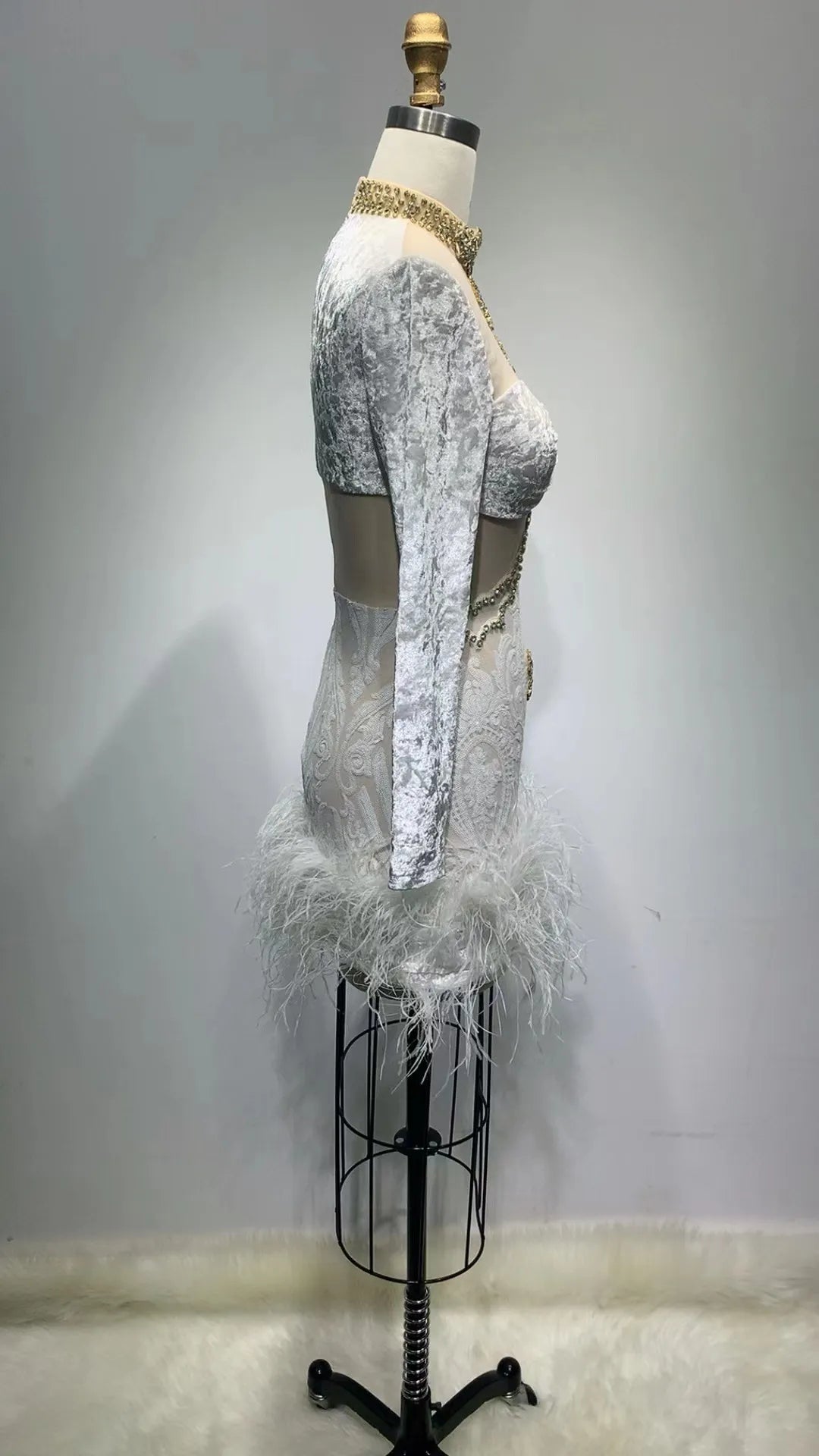Long Sleeve Feather Diamond Tight Dress Aclosy