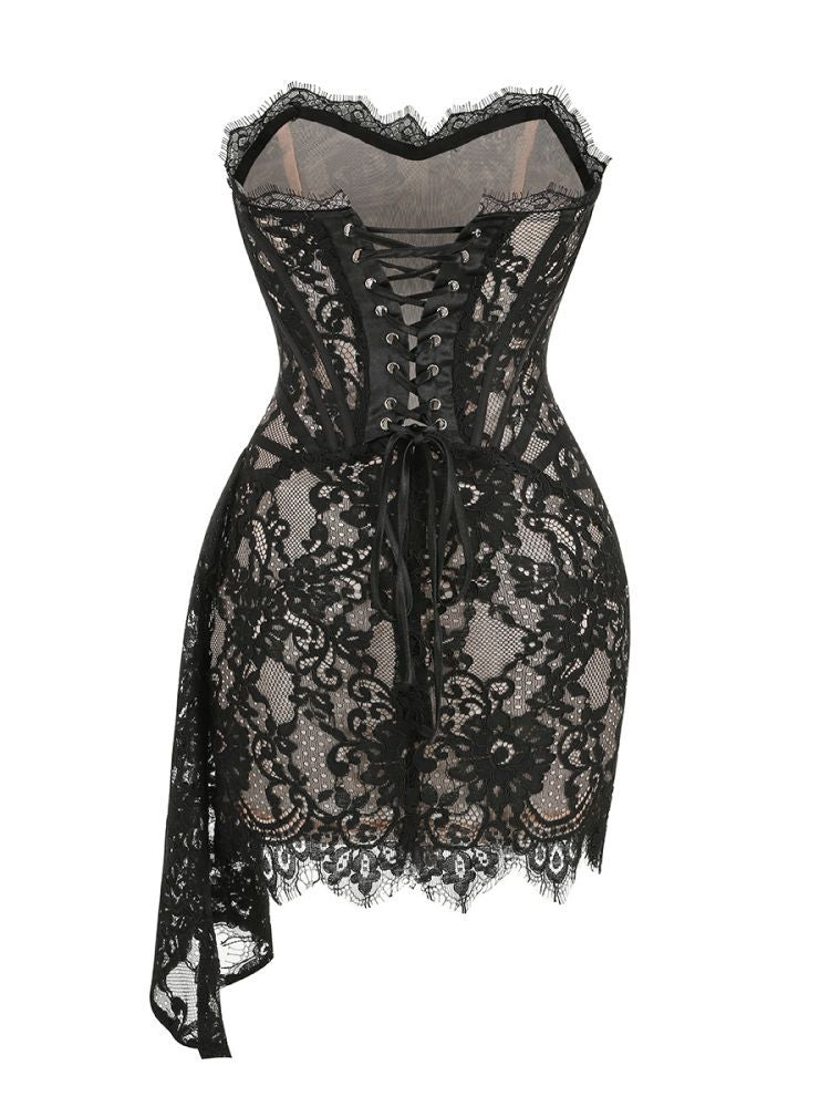 Alyia Lace Ruche Corset Celeb Dress-Black Aclosy