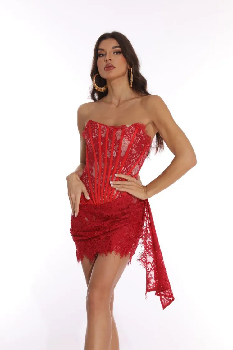 Alyia Lace Ruche Corset Celeb Dress-White