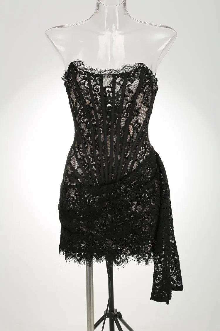 Alyia Lace Ruche Corset Celeb Dress-Black