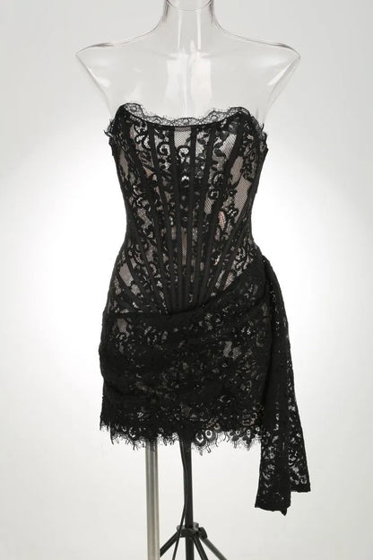 Alyia Lace Ruche Corset Celeb Dress-Black