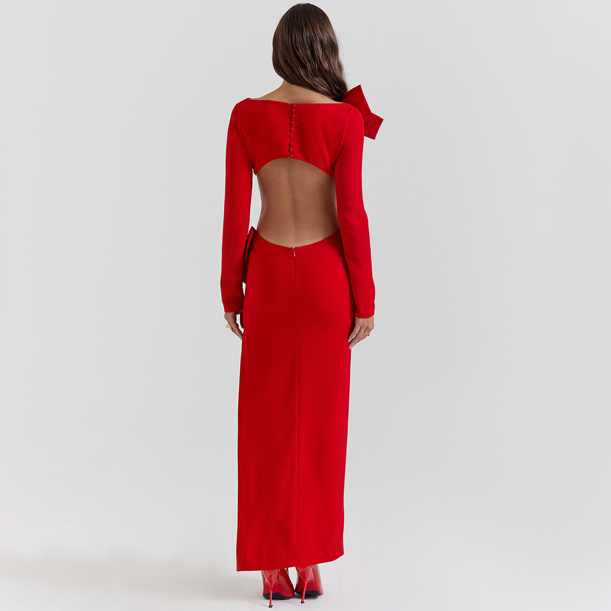 Aeila Bow Backless Split Dress-Red Aclosy