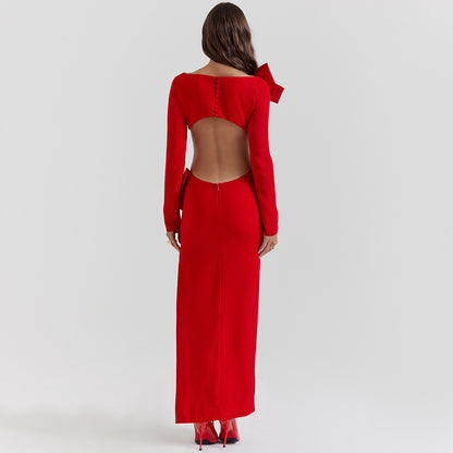 Aeila Bow Backless Split Dress-Red Aclosy