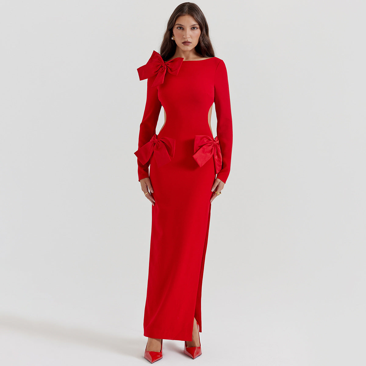 Aeila Bow Backless Split Dress-Red Aclosy