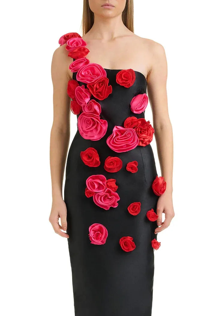 Alyia One Shoulder Red Rose Mid Dress