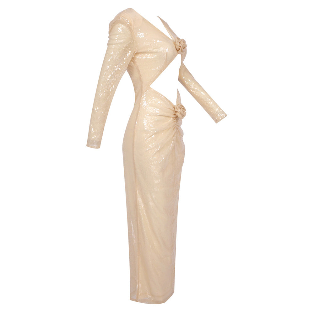 Diag Collar Metallic Mesh Flow Dress Aclosy