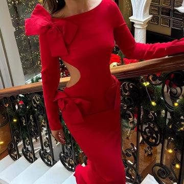 AEILA BOW BACKLESS SPLIT DRESS-RED Aclosy AEILA BOW BACKLESS SPLIT DRESS-RED Aclosy