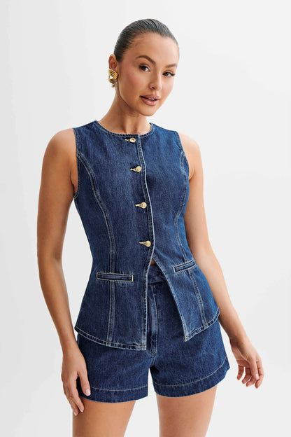 Denim Sleeveless Button Up Top Suit-Blue