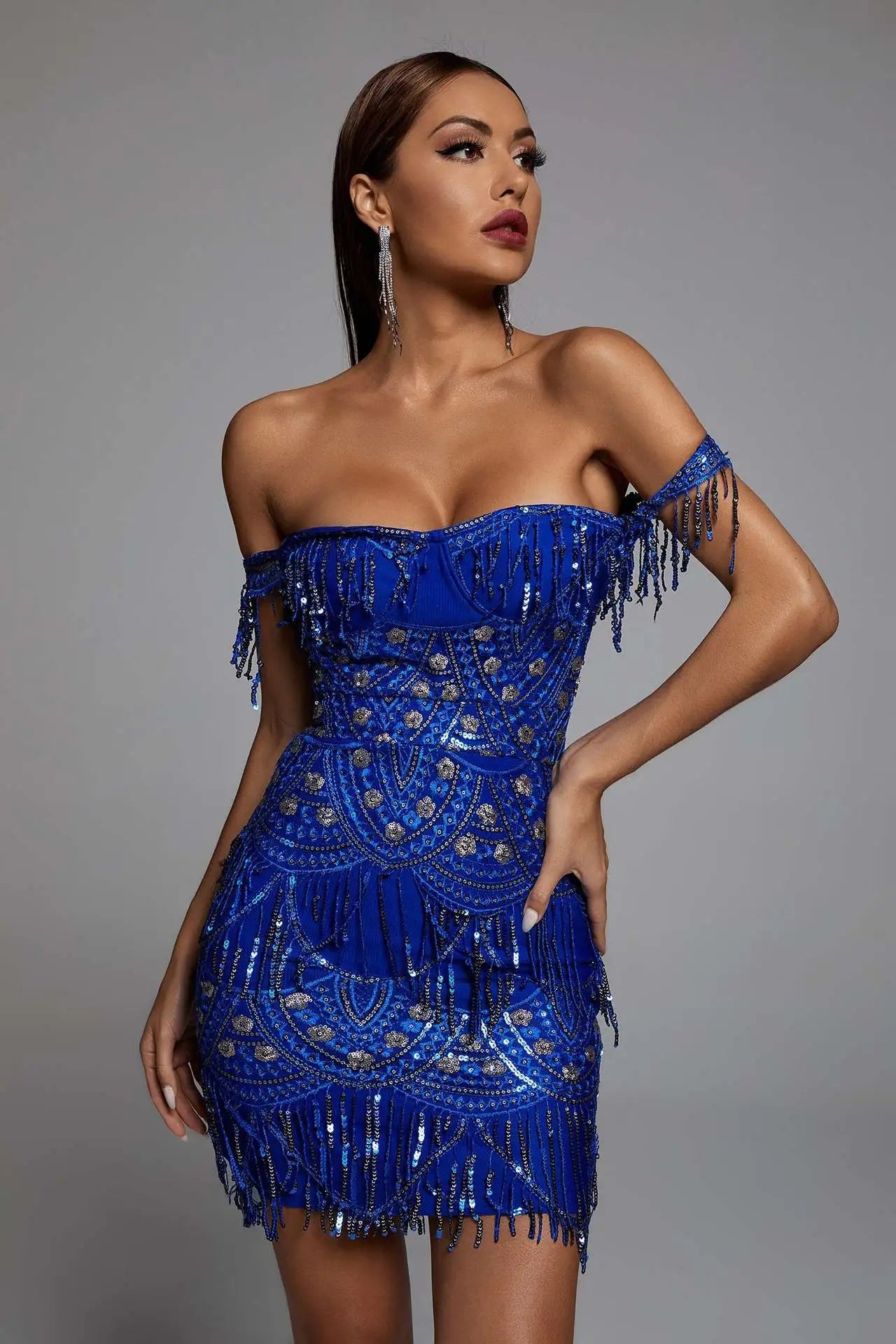 Sequin Fringe Trim Off-Shoulder Mini Party Dress