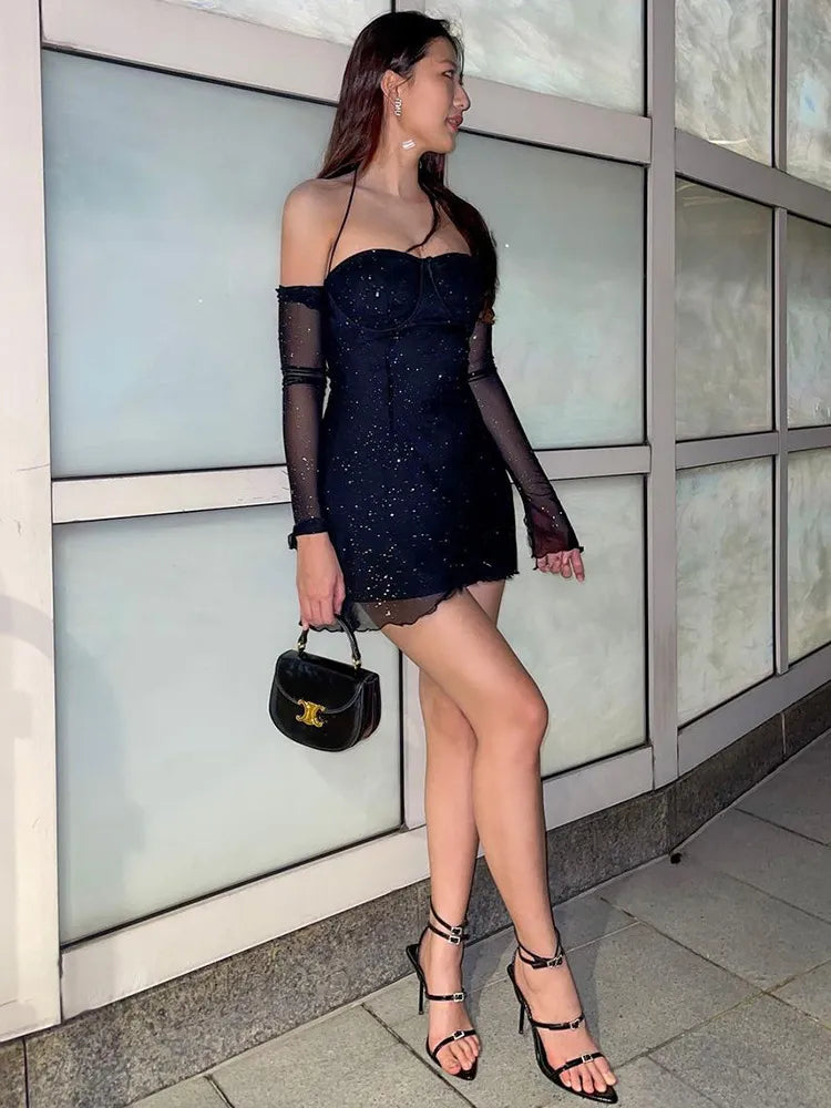 mesh sparkle dress Halter Spaghetti Straps Mesh Sparkle Dress – Aclosy