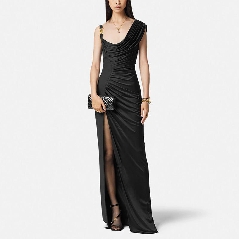 Elegant Black Satin Socialite Style Irregular Dress