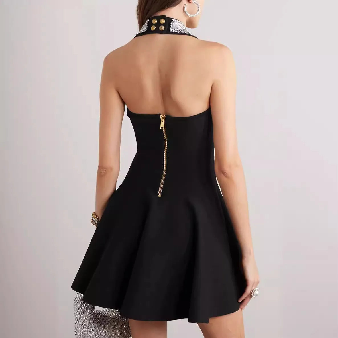 Chic Halter Mini Party Dress-Black