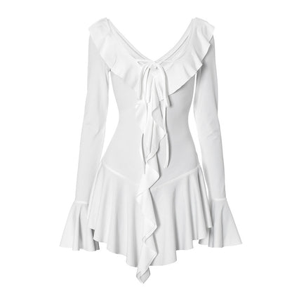 Ruffled Pointed Collar Rope Bell Sleeve Dress