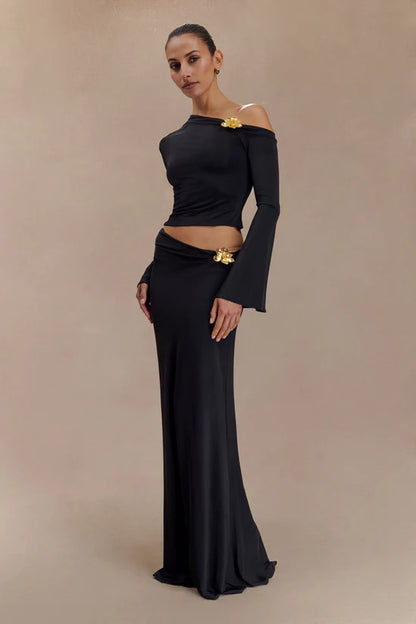 Alaina Asymmetrical Set Gold Detail- Black