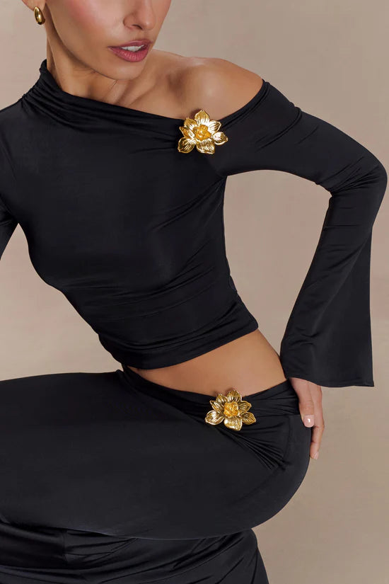 Alaina Asymmetrical Set Gold Detail- Black