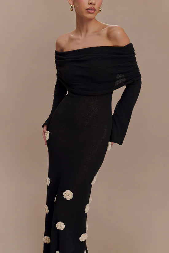 Karika Off Shoulder Knit Rose Maxi Dress