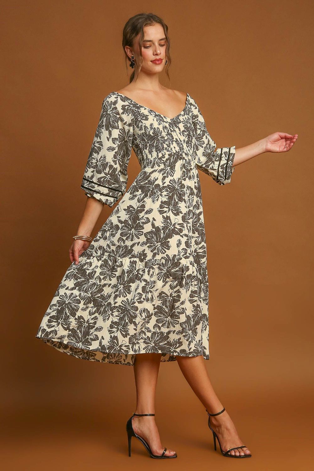 Umgee Ruffle Hem Flower Printed V-Neck Dress Trendsi