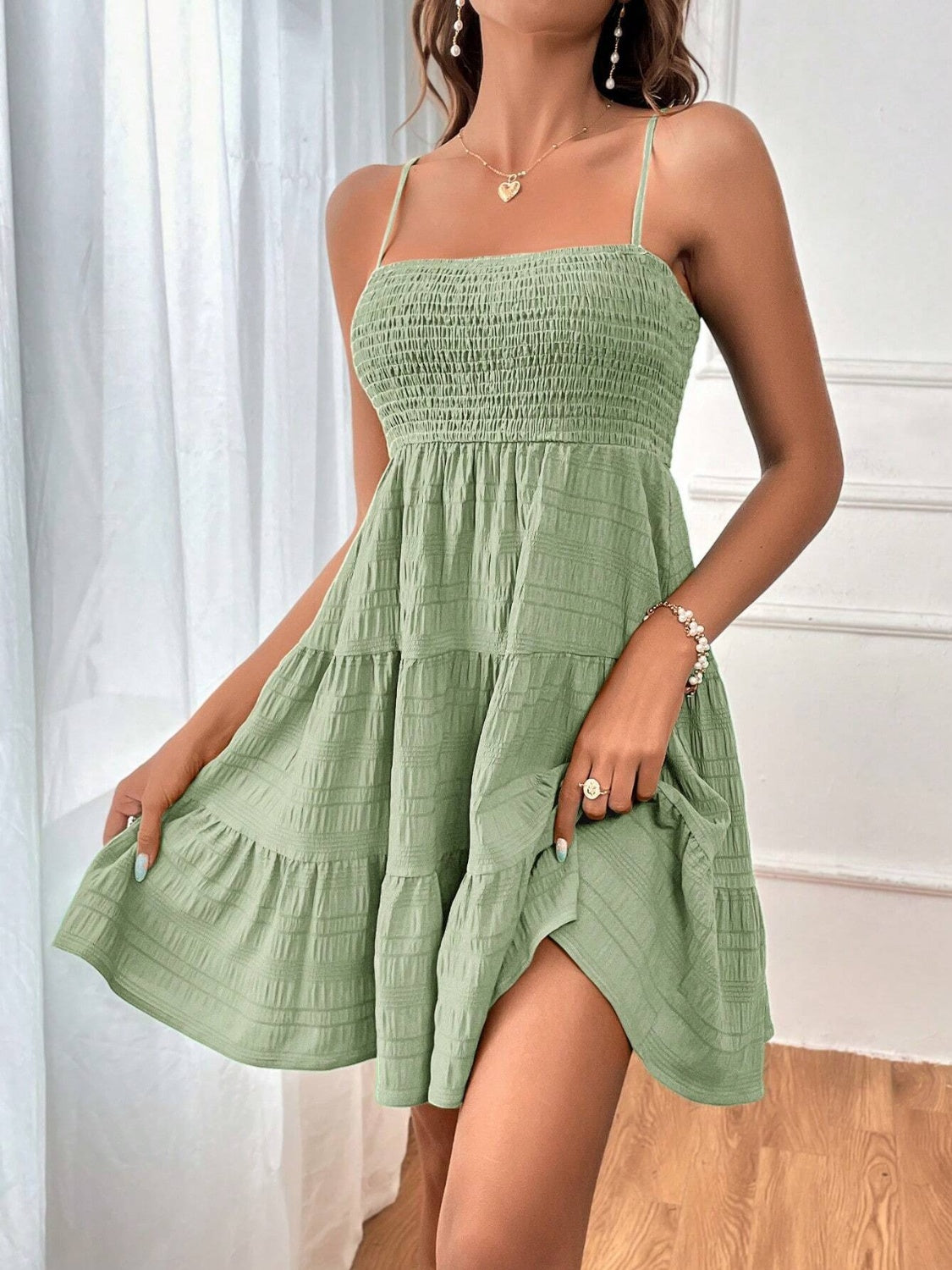 Smocked Tiered Sleeveless Mini Dress Trendsi