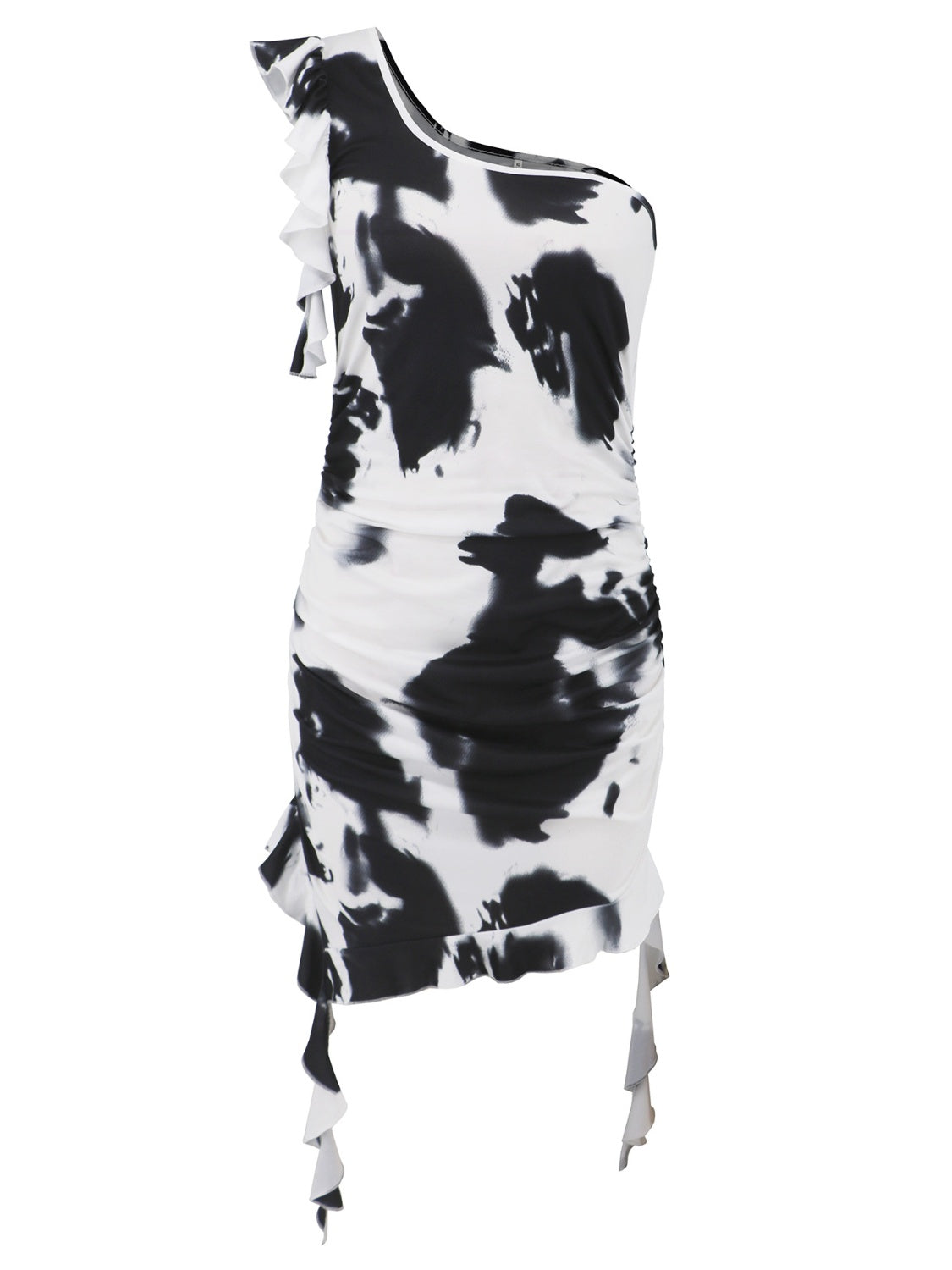 Ruffled Tie-Dye Single Shoulder Mini Dress Trendsi