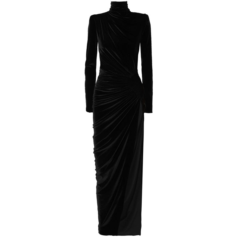French Style High-Neck Elegant Retro Velvet Evening Dress aclosy