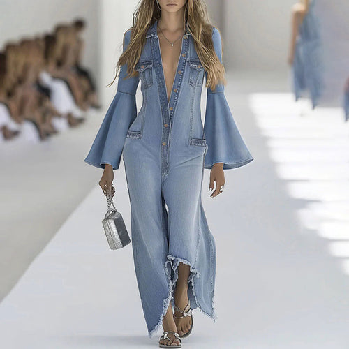Women's Fashion Denim Solid Color Jumpsuit With Bell Sleeves & Deep V-Neck, Button Front Design & Asymmetric Hem For Casual & Party Wear aclosy
