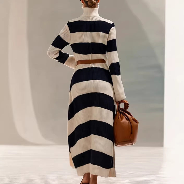 Navy And White Contrast-striped Long-sleeve Dress aclosy