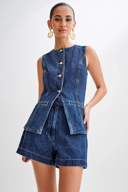 Denim Sleeveless Button Up Top Suit-Blue