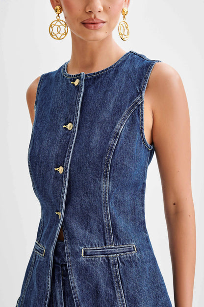 Denim Sleeveless Button Up Top Suit-Blue