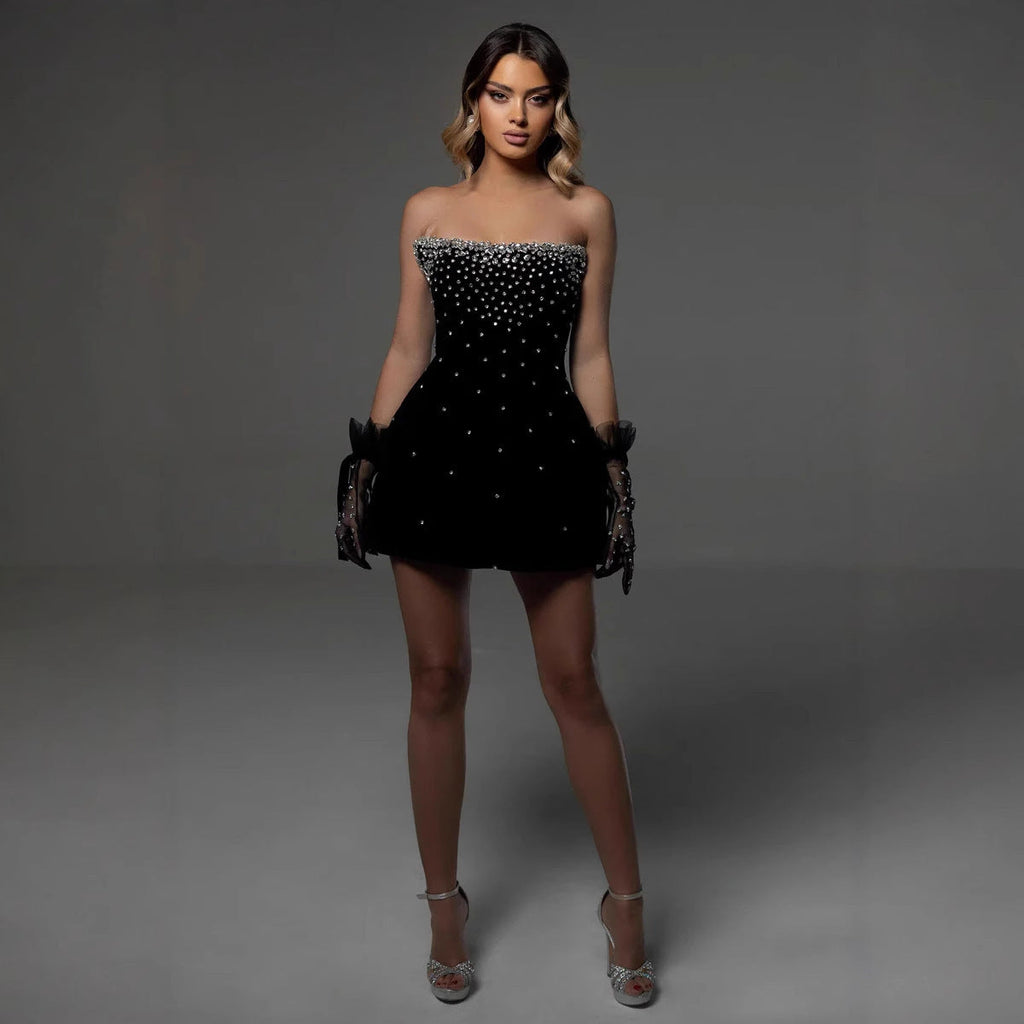 Bandage One-piece Dress Short Black High-end Evening Dress Aclosy